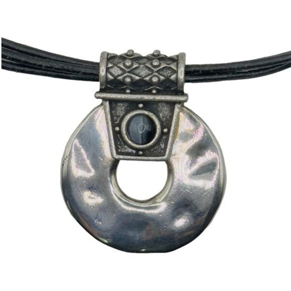 Chico’s Silver Pendant With Blue Tiger Eye Stone and Leather Necklace 11.5” Long - Picture 8 of 11